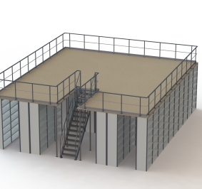 Schéma d’un système de rayonnage avec plateforme à niveau uni et accès via escalier
			