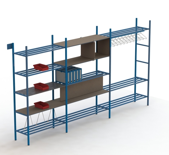 Rayonnage Protub en 3D équipé de bacs à bec et de plateau de recouvrement des tablettes en bois
                