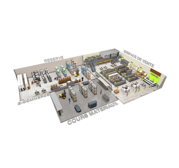 Schéma 3D des solutions de stockage pouvant être proposés pour un magasin en GSB