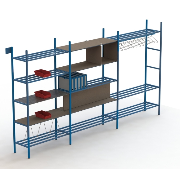 Rayonnage Protub en 3D équipé de bacs à bec et de plateau de recouvrement des tablettes en bois
													