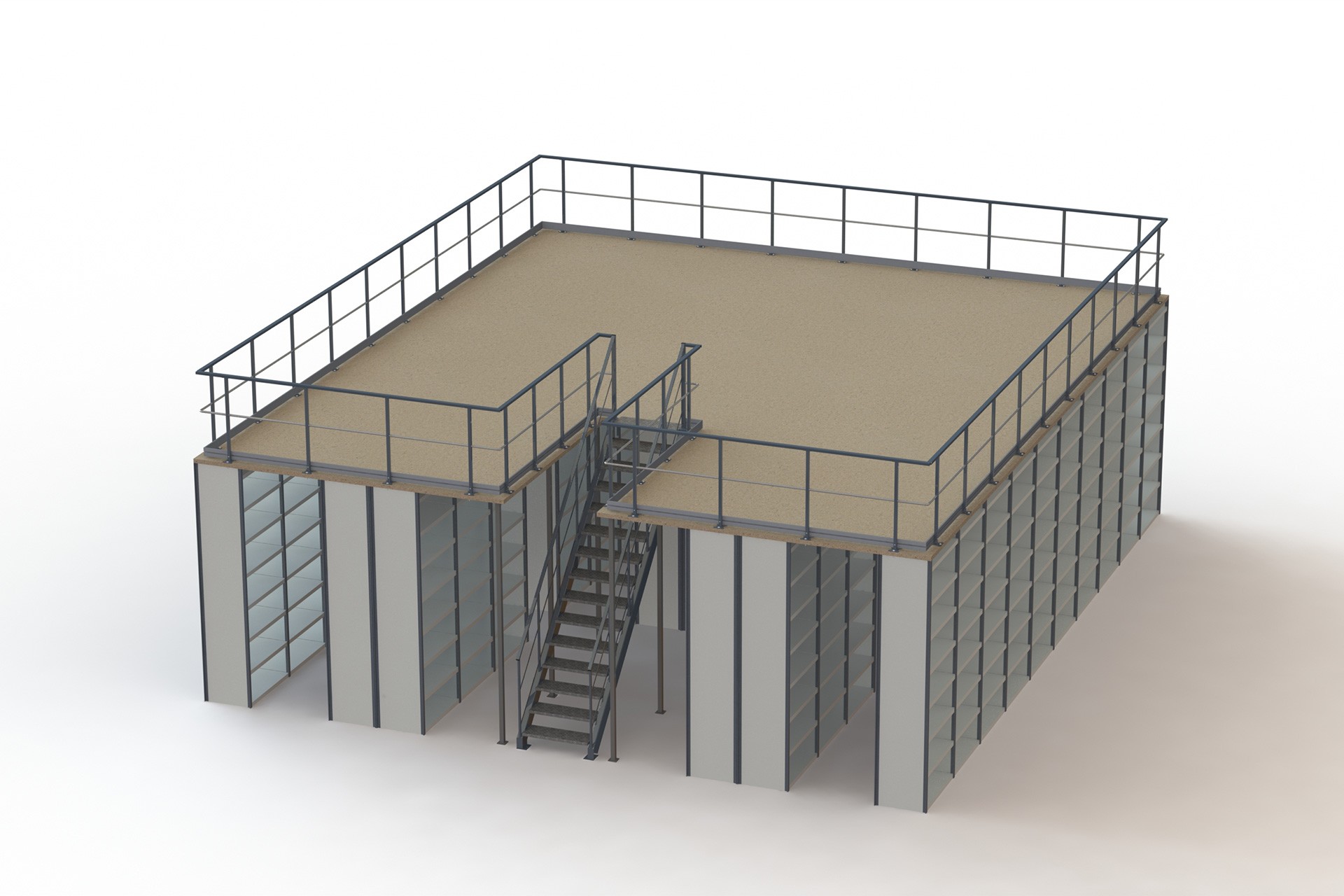 Schéma d’un système de rayonnage avec plateforme à niveau uni et accès via escalier