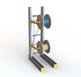 Diagram van draagarmstelling met armen uitgerust met goten en assen die 2 haspels ondersteunen
			