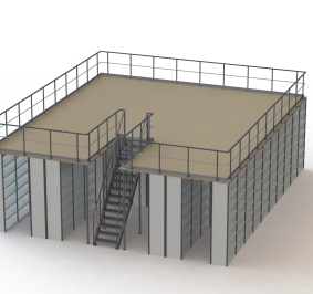 Schema van een rekkensysteem met een platform op één niveau en toegang via een trap
			