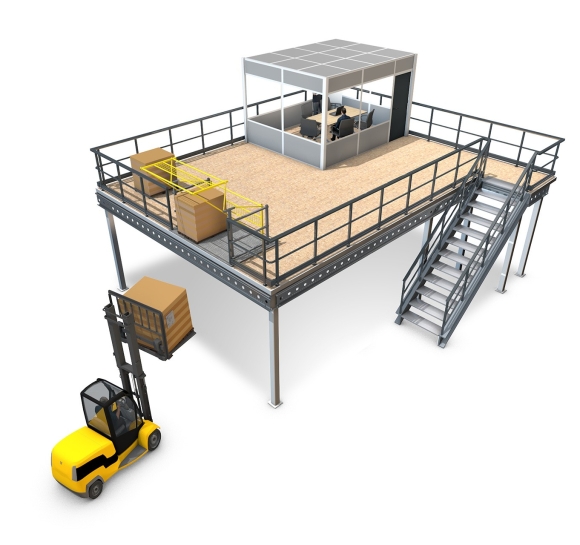Proplus LP3 werkplaatsplatform met trap, sluisdeur en werkplaatscabine